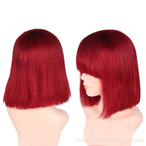 Wholesale 10A 100% human hair wigs red colored short bob wig straight bob human hair bob wigs lace front